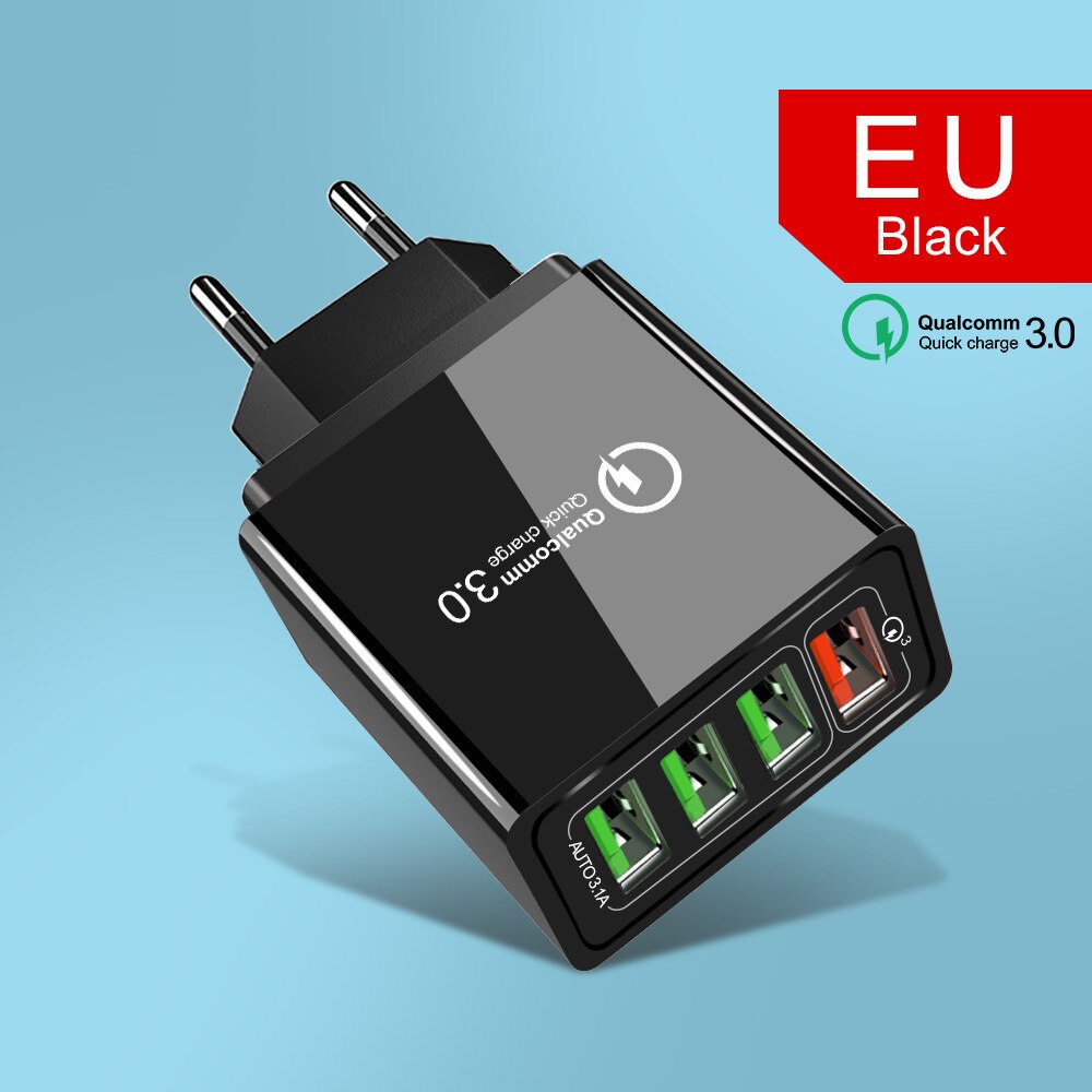 Qc3.0 travel fast charger 4usb multi-port universal charging head for European and American mobile phones: European Black