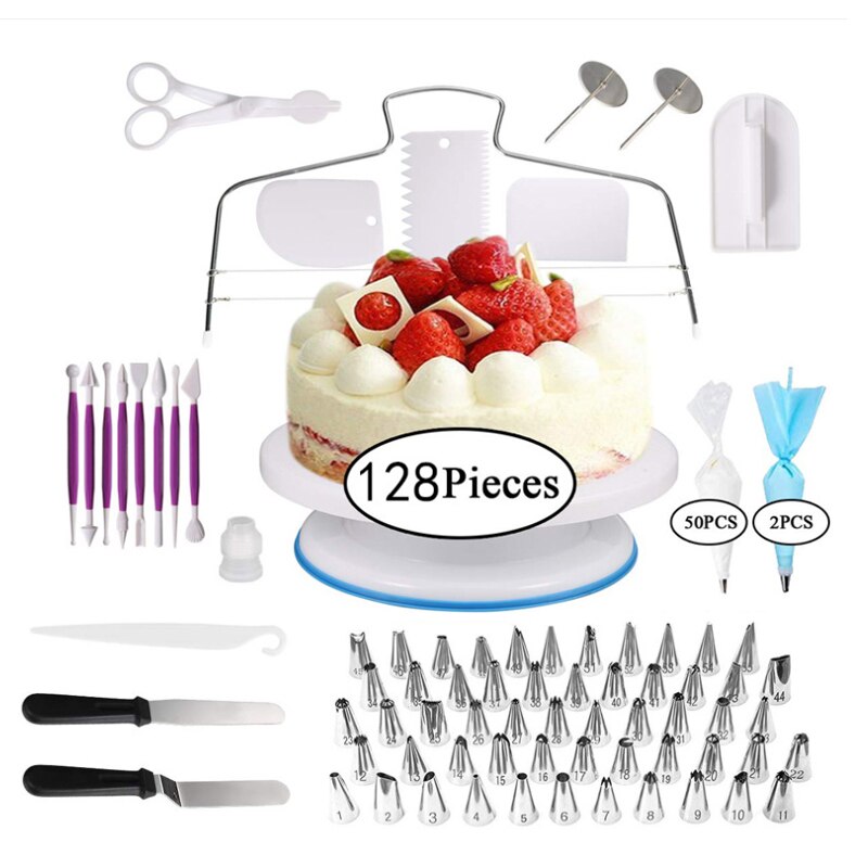 Cake Decorating Tools Icing Tips 128 Pcs Confectionery Bag Turntable Pastry Nozzles Converter Baking Tools For Cakes: Default Title