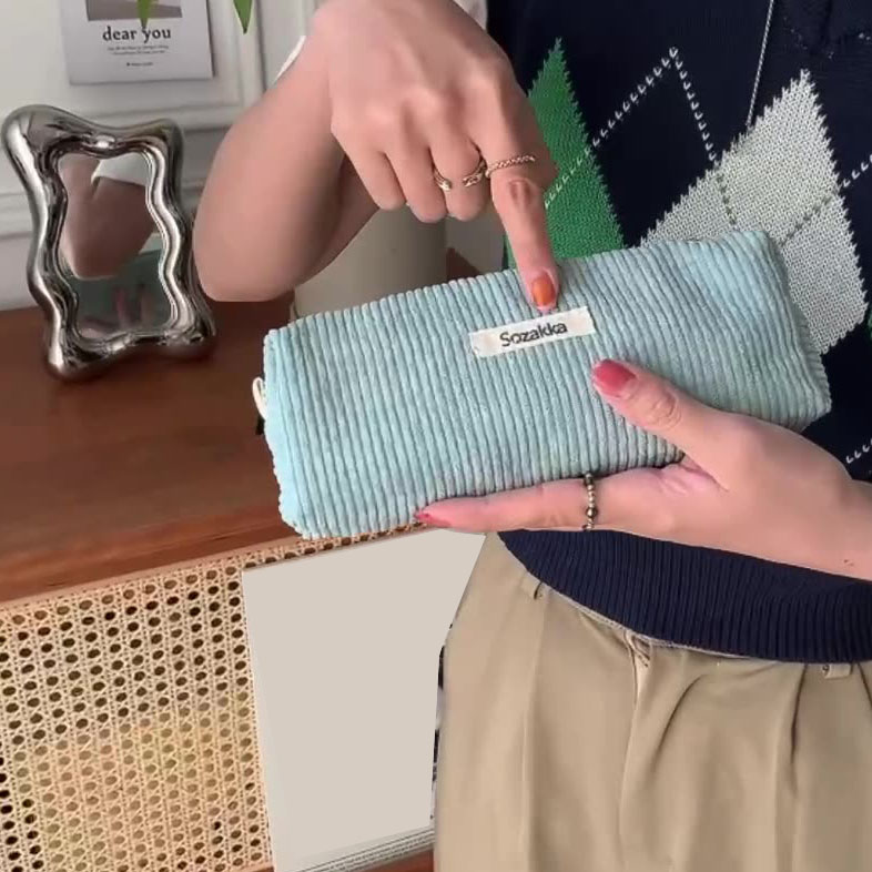 Women Large Cosmetic Bag Corduroy Cloth Girl Makeup Pouch Hand Travel Bag Lipstick Organizer Cases Zipper Clutch Phone Purse: Red