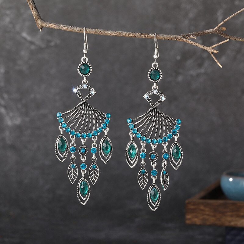 Niebieski Rhinestone etniczne kolczyki paw indyjska biżuteria w stylu Vintage srebrny kolor kryształu dynda wiszące kolczyki dla kobiet Pendientes: 62-5