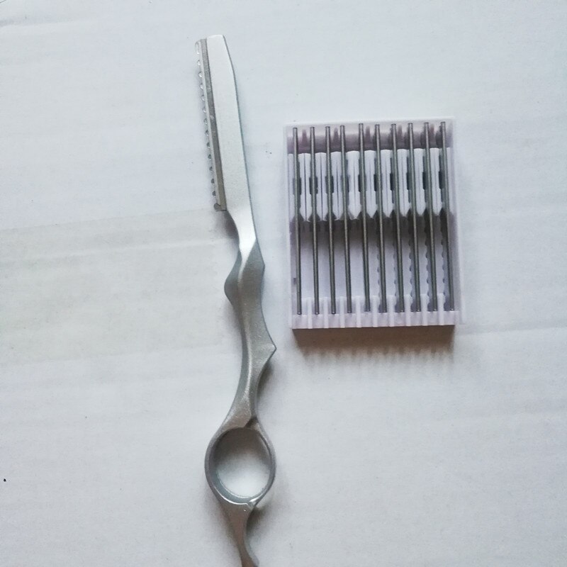 10pcs blade+1pcs Thinning Scissors Barber Feathering Stylist Grooming Hairdressing Hair Salon Stainless Steel tool: 74-4Silver