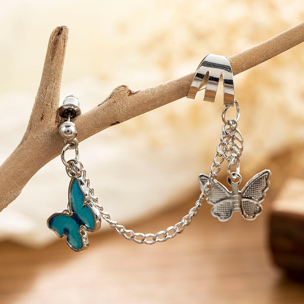 Hanging Butterfly Clip Earrings Ear Hook Rock Hoop Punk Double Pierced Unusual Earring Women Girls Goth Jewelry: AL386