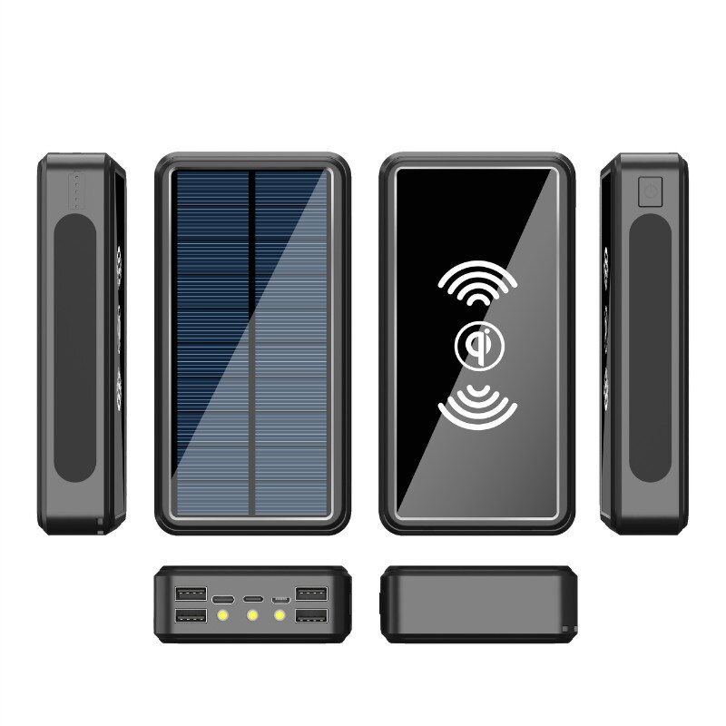 80000mAh Powerbank na energię słoneczną Qi bezprzewodowy przenośny telefon szybka ładowarka ładowanie zewnętrzne 4 zewnętrzne lampy kempingowe USB Powerbank: bezprzewodowy czarny