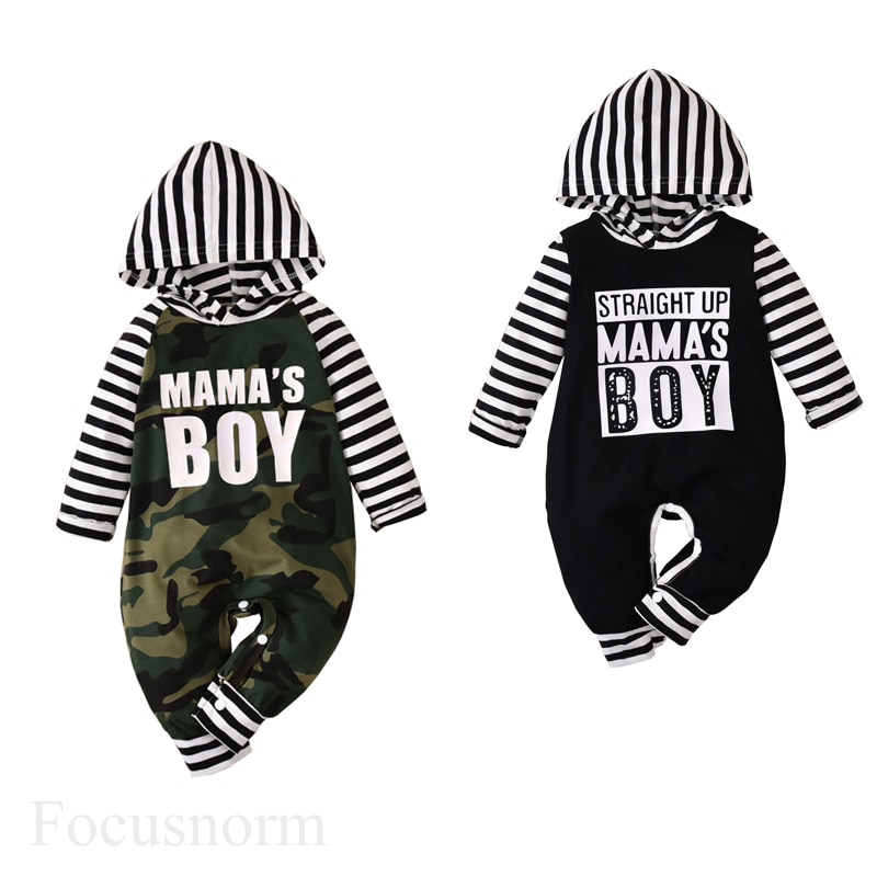 FOCUSNORM 0-12M Newborn Baby Boys Rompers Striped Letter Camouflage Print Long Sleeve Jumpsuits 2 Style