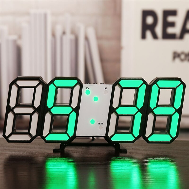 nordisch 3D LED Wanduhr Elektronische Digitale Alarm Uhren Hintergrundbeleuchtung Schreibtisch Tisch Uhr Kalender Thermometer Anzeige Heimat Dekor: Schwarz und Grün