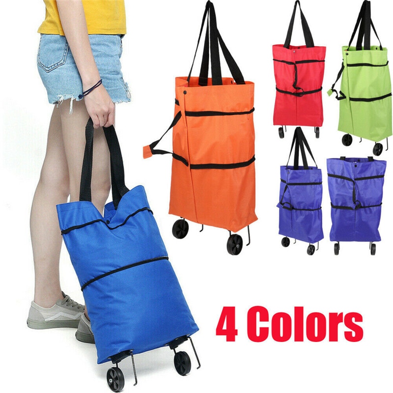 1pc bærbar sammenklappelig indkøbspose vognpose med hjul købmandstas sammenklappelig håndtaske