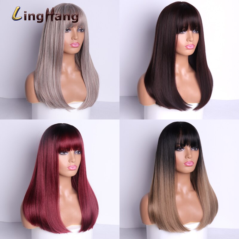 LISI CAPELLI Medio Parrucca Capelli Lisci con Frangetta Miscela Ad Alta Temperatura Dei Capelli Sintetica Resistente Bianco/nero Delle Donne