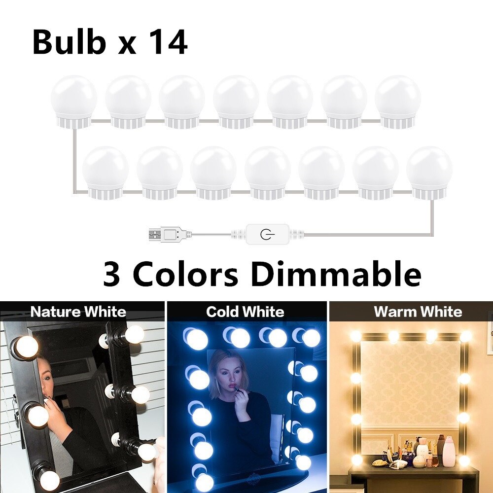 Ampoule USB pour miroir de maquillage, lampes de vanité Hollywood, applique murale à intensité réglable, Kit d'ampoules 2 6 10 14 pour coiffeuse: 14pcs dimmable
