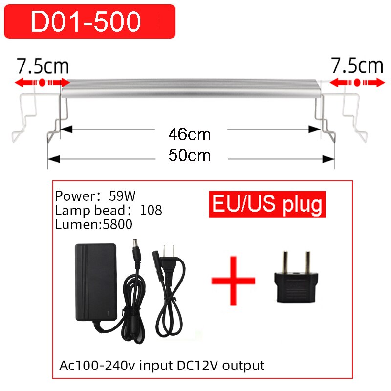 Aquarium Led Licht, Hoge Aluminium Legering Materiaal 20-75Cm, hoge Lichtdoorlatendheid Aquatische Plantengroei Led Beugel Licht: 500mm