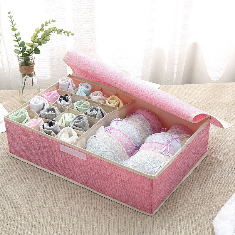 Cajón de almacenamiento de sujetador, organizador de armario, cajas plegables de algodón lavable, caja de acabado de lino portátil con cubierta, ropa interior y calcetines: Pink 17 grid