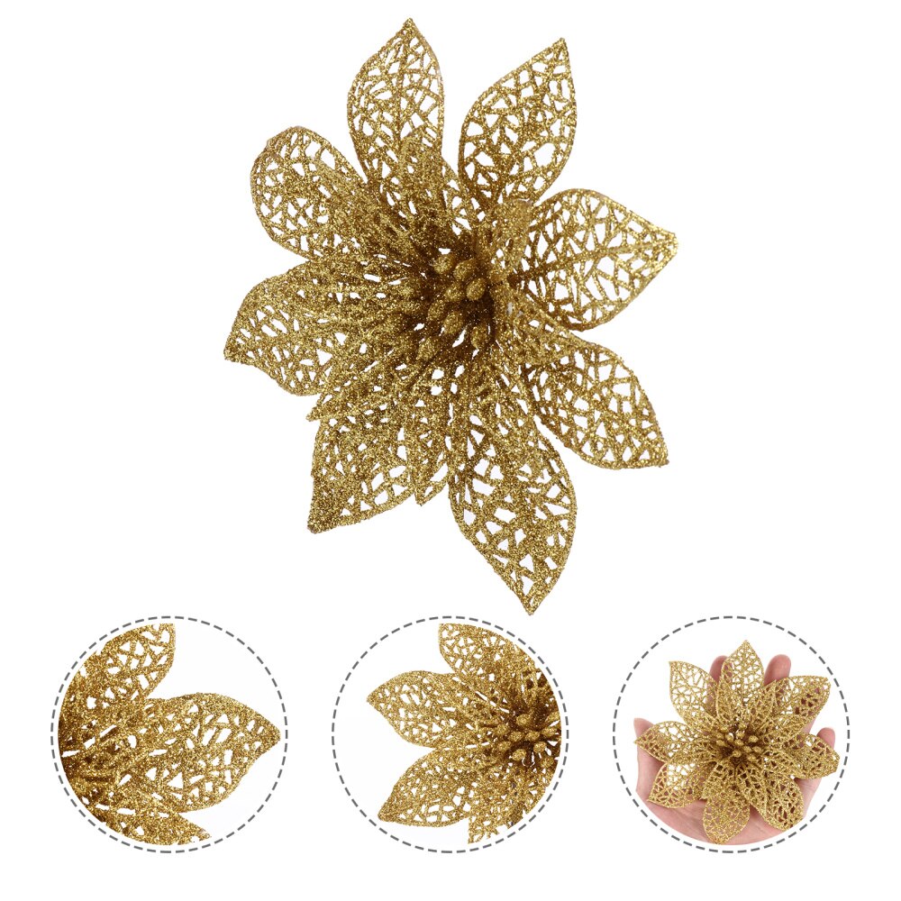 16 Stuks Glitter Kerstbloemen Voor Feest Gouden Bloemen Voor Kerstboom Poinsettia Bruiloft Kerstboomversieringen Kerstglitter Poinsettia Kunstbloemen Voor Bruiloft Kerst Krans Thuis Feest Decor