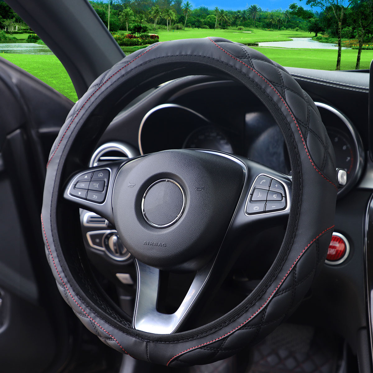 1 Leder-Stereo-Lenkradbezug mit Stickerei, bequem, rutschfest, ohne Innenring für 14,1-15-Zoll-Autos: Schwarz