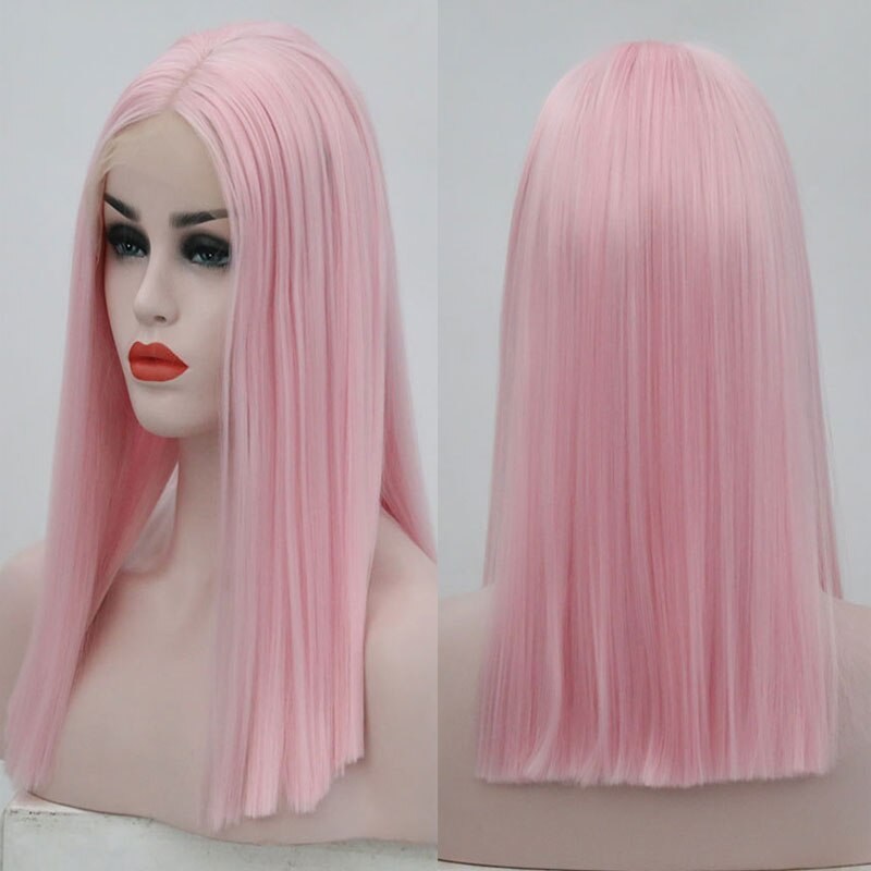 Bombshell pink kort lige bob syntetisk hår blonder front paryk limfri varmebestandigt fiber hår midterskilning til kvinder parykker