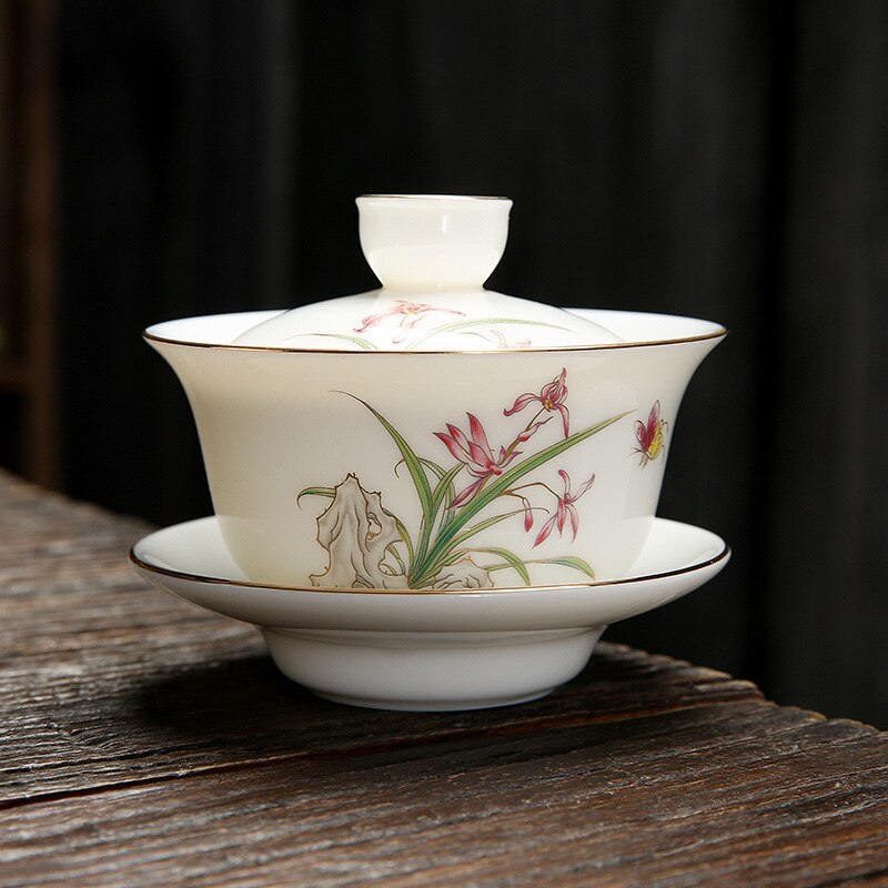 Bol couvert en Jade gras de mouton, porcelaine blanche de couleur surémaillée, Kung Fu, service à thé, service à thé en céramique,: 03 10.2x8.5cm 140ml