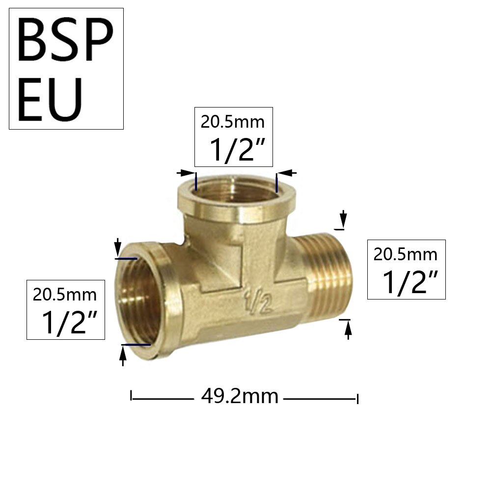 Brass 1/2 Inch Male Female Thread Coupler Tee Water Hose Splitter Copper 3-Way Connector Fitting Tube Water Plumbing Joints