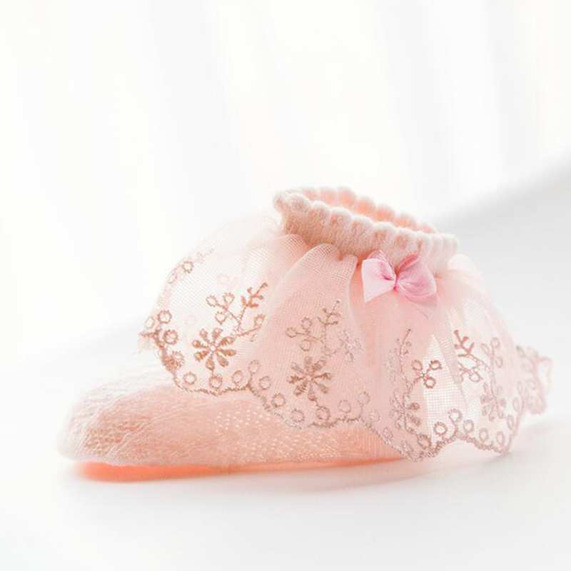 Lente Mesh Baby Pasgeboren Sokken Kant Boog Meisjes Sokken Katoen Kinderen Ruffle Stroken Enkel Meisje Baby Sokken Medias Para Bebes: bow style pink