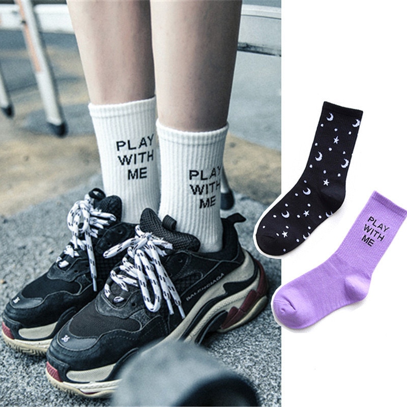 Streetwear Grappige Sokken Voor Vrouwen Katoen Print Brief Spelen Met Me Harajuku Sokken Lente Meias Glitter Vrouwelijke Sokken