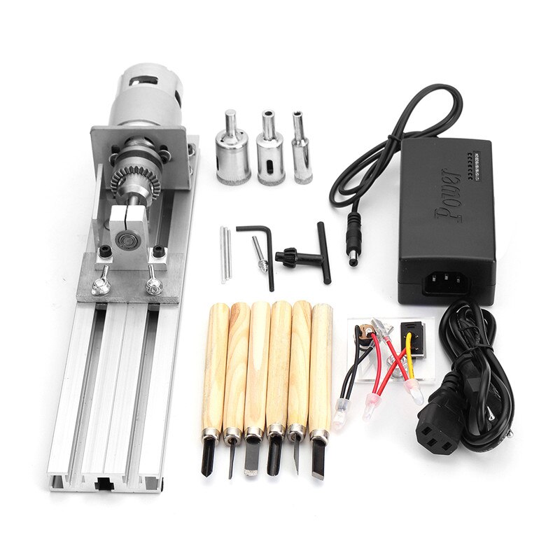 Mini Lathe Beads Machine 80W DC 24V Woodworking DIY Lathe Engraver Set Grinder Polishing Cutting Drill Rotary Tool +Power Supply