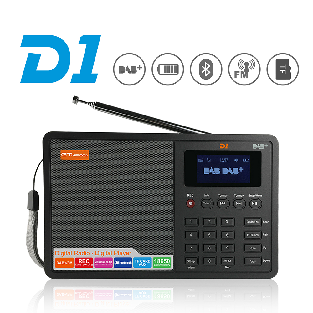 GTMEDIA D1 DAB/FM Przenośne radio Obsługa kart BT\TF Odtwarzacz cyfrowy Obsługa zegara/alarmu/zegara snu z zabezpieczeniem czasowym Wejście AUX