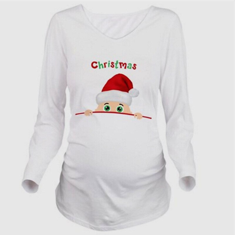 Vår höst kvinnor långärmad t-shirt mamma jul t-shirts härlig tomte baby print t shirt gravid toppar kläder rolig tröja: Vita jultomten / L