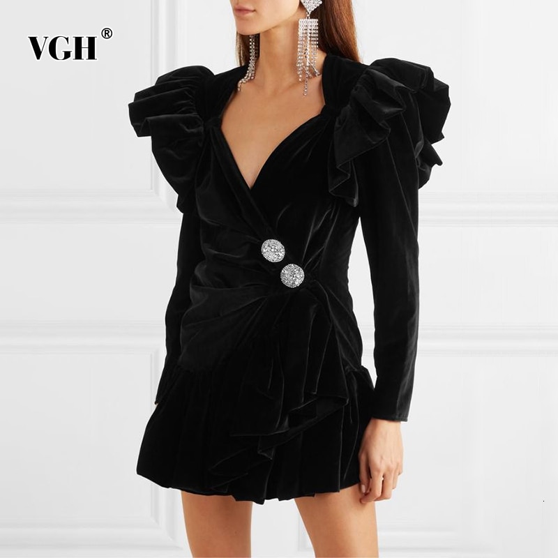 VGH Patchwork diamante Ruffle vestido de mujer cuello en V manga larga alta cintura vestidos para mujer otoño ropa