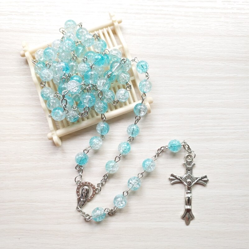 Retro rosenkrans pärlor halsband för kvinnor kors jesus hänge religiösa kristna smycken berlock: Blå