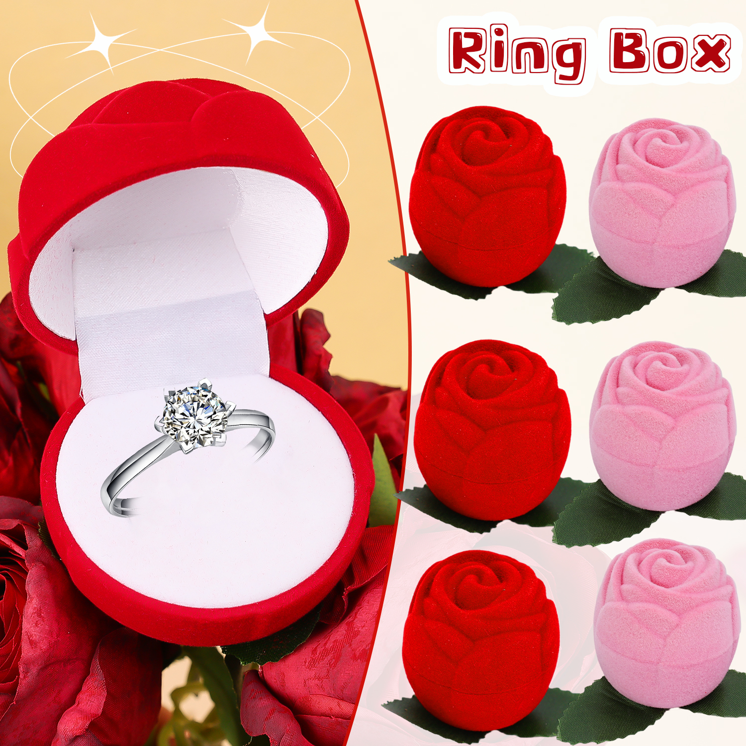 Romantic Wedding Rose Ring Box Red Pink Velvet Jewellery Storage Engagement Ring Case Valentine's Day Jewelry Rings Women