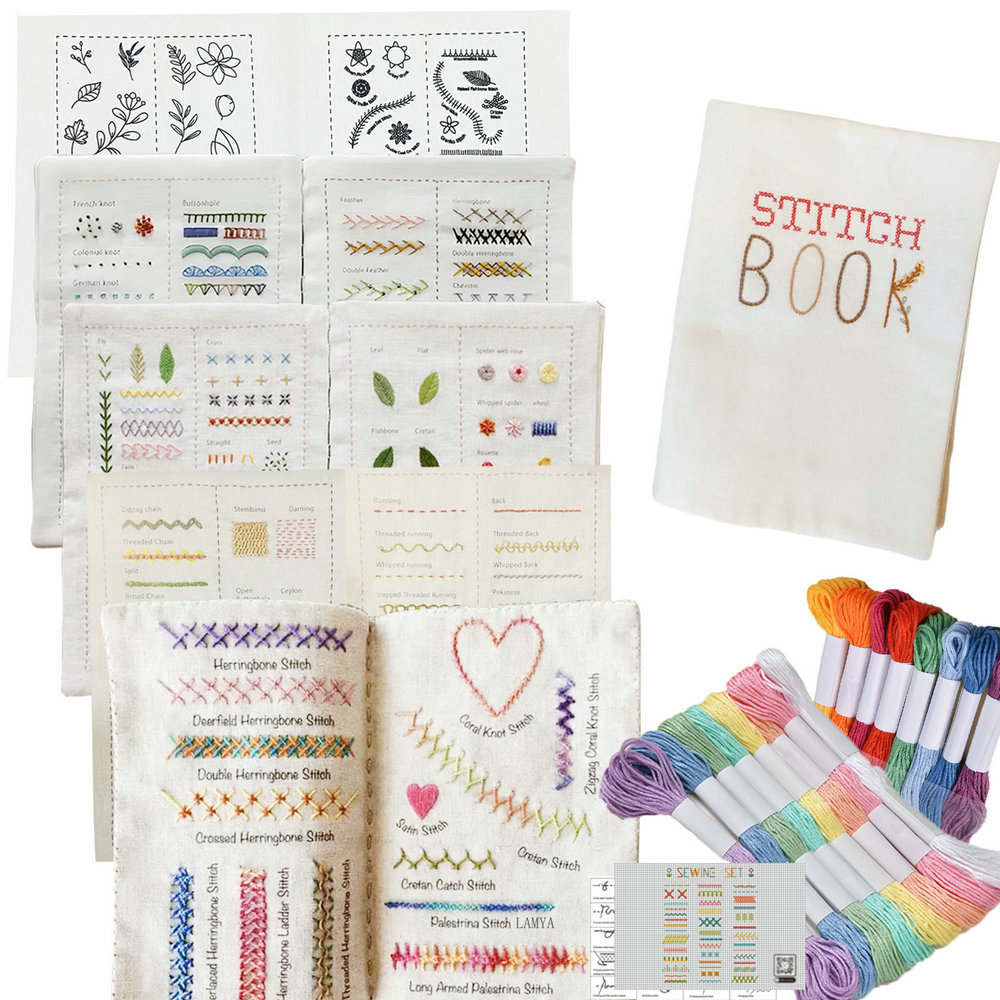 6 Pages Embroidery Stitches Book, DIY Stitch Books, Embroidery sewing books, Beginner Embroidery Sewing Kit: Burgundy