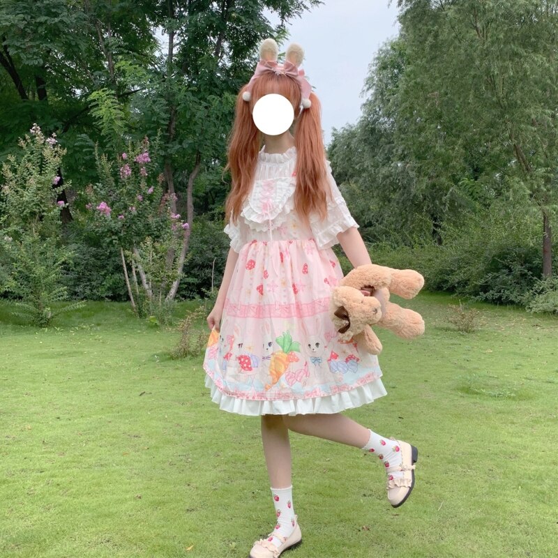 Kawaii japansk original lolita flicka lolita svamp kanin spets söt ärmlös klänning