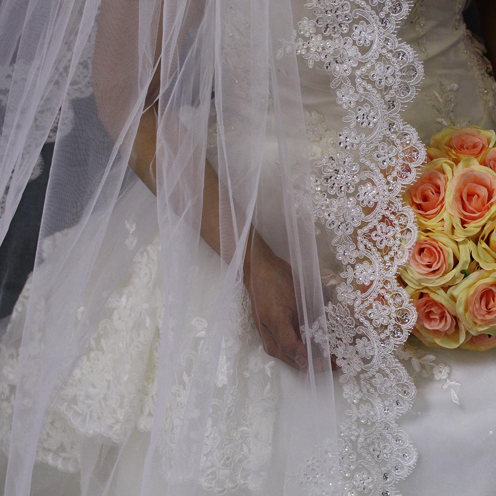 Nette glitter pailletten kanten rand 3 m lange bruidssluier één laag kathedraal bruidssluier voile mariage