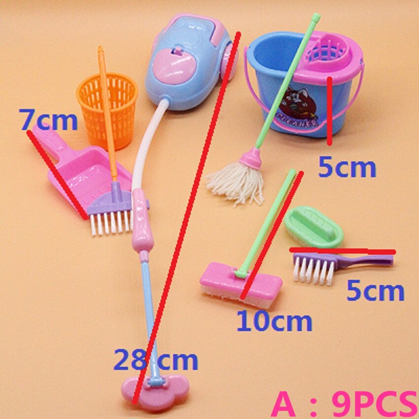 9 stk dukketilbehør rengøring feje moppe kost børste støvpande legetøj legesæt husholdning legetøj foregive legeværktøjer: 9 stk tilfældig farve