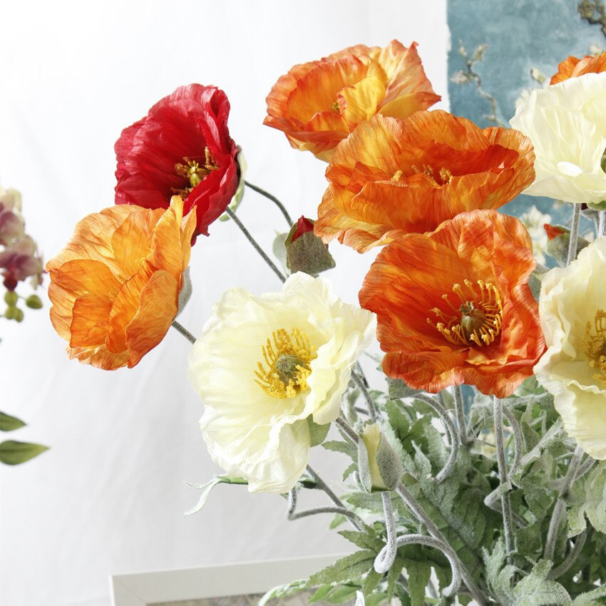 5 pièces artificielle grande fleur de coquelicot avec feuilles fleurs artificielles pour automne automne maison fête décoration couronne fausses fleurs de soie
