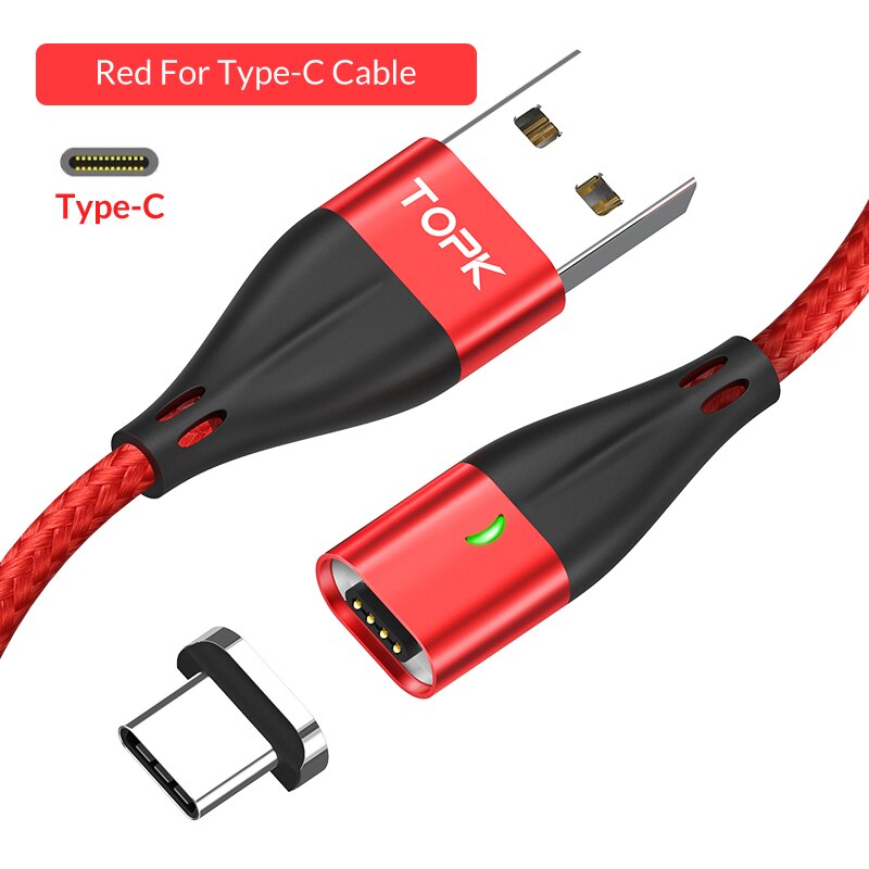 TOPK 1M 3A Magnetic Cable Fast Charging Type C Cable USB C Cable Data Cable For Xiaomi Redmi Note 7 Samsung: Red Cable