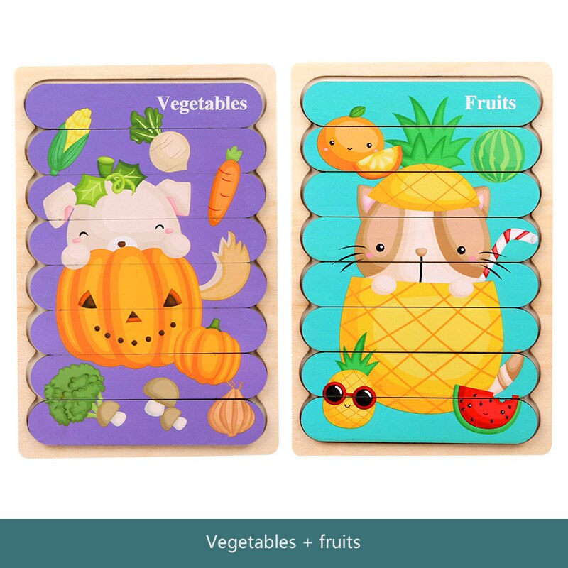 Kids Brain Wooden Toy Double-sided 3D Puzzle Strip Puzzle Telling Stories Stacking Jigsaw Montessori Toy for Children: style 15