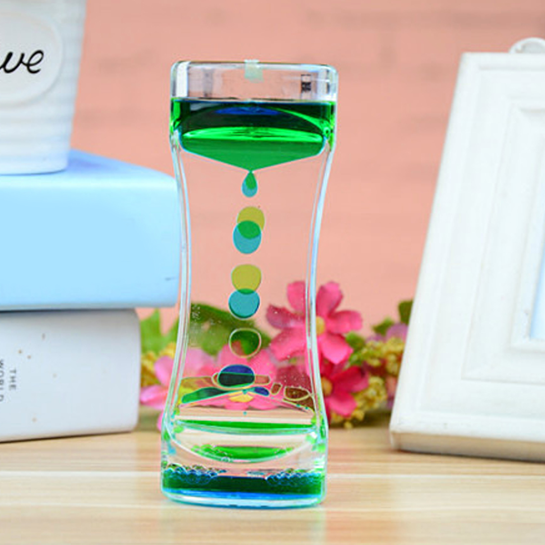 Floating Color Mix Illusion Timer Liquid Motion Visual Slim liquid Oil Glass Acrylic Hourglass Timer Clock Ornament Desk: Blue and Green