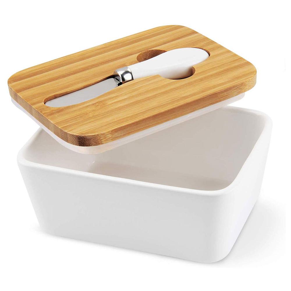 Beurre en porcelaine grand beurre gardien conteneur avec couvercle en bois et coupe-beurre en acier porte-beurre dans la cuisine garder le beurre frais: Default Title