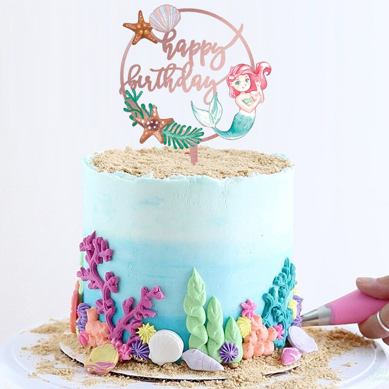 Färgglada ocean style cake topper sjöjungfru tårta topper baby girs brithday party dekoration grattis på födelsedagen akryl