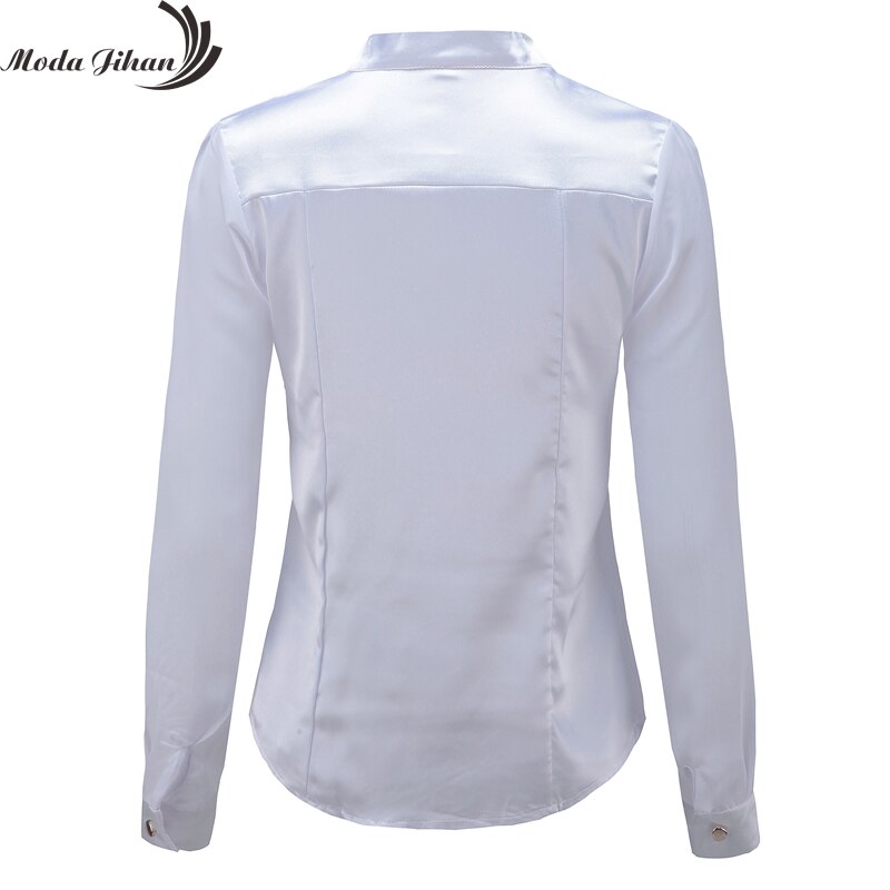 Moda Jihan Vrouwen Blouses Wit Zwart Lange mouw Chiffon Splice Satijn Office Tops Slanke Stijl V-hals Vrouwelijke