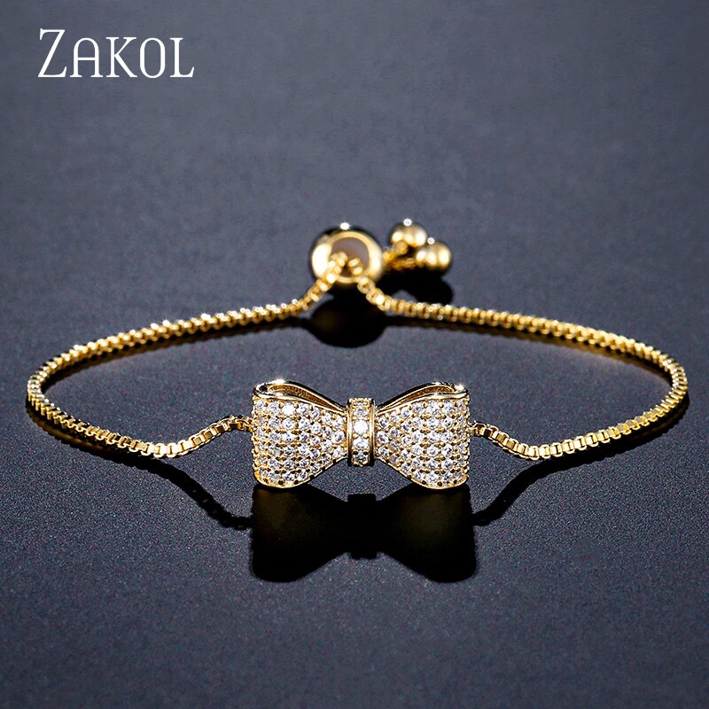 ZAKOL Zirconia Crystal Bow Adjustable Bracelet & Bangle for Women Brilliant CZ Party Jewelry Pulseira Feminia FSBP2034