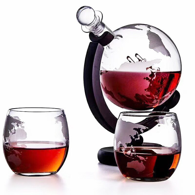 Decantador de whisky globo aireador de vino, conjunto de cristal de calavera de velero dentro de cristal con soporte de madera fina, decantador de licor para taza de Vodka