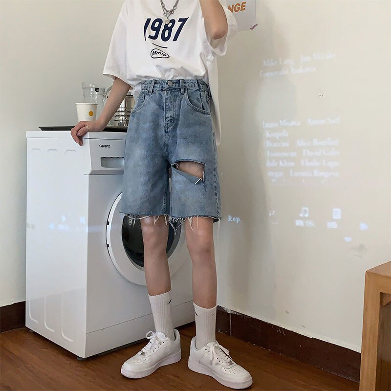 Shorts kvinder retro denim huller chic harajuku par kort bukser afslappet populær high street koreansk dametøj unisex