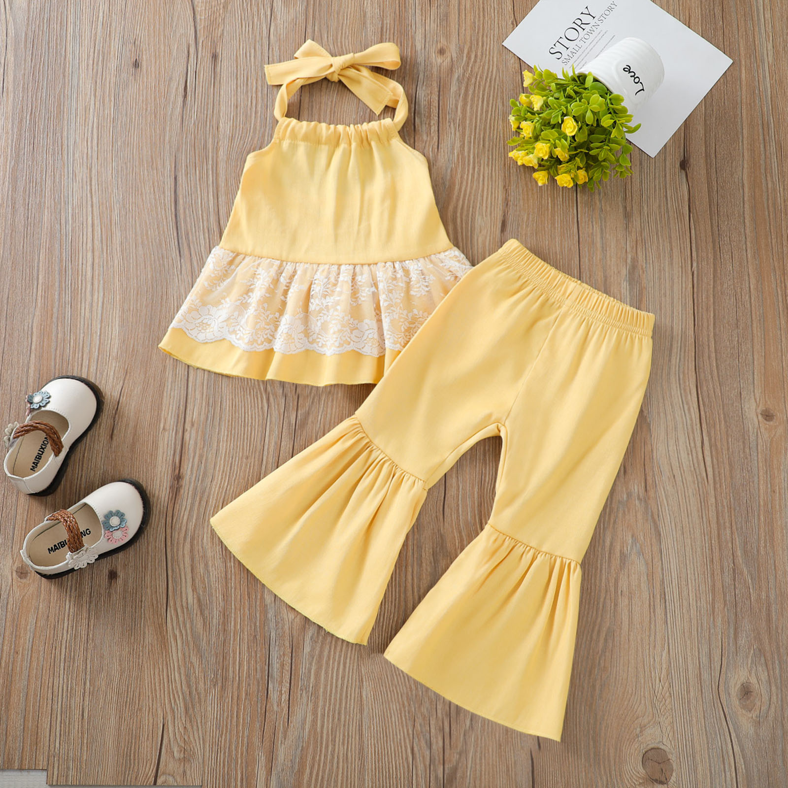 2 pezzi vestito da bambina dolce stile pizzo impunture senza maniche appeso collo top + pantaloni tinta unita a campana lunga Set 6M-3T