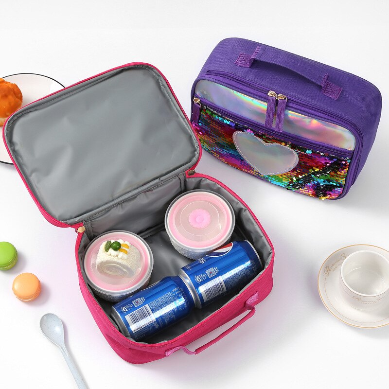 Mode Waterdichte Reverse Sequin Geïsoleerde Kinderen Meisjes Jongen Lunchbox Glitter Draagtas Koeler Picknick Zakje Voor Voedsel