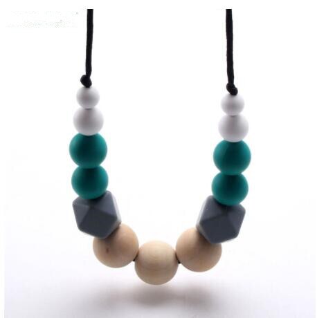 chewable silicone+original wood beads necklace baby teething teether holder toy diy teething necklace for mom no BPA: j