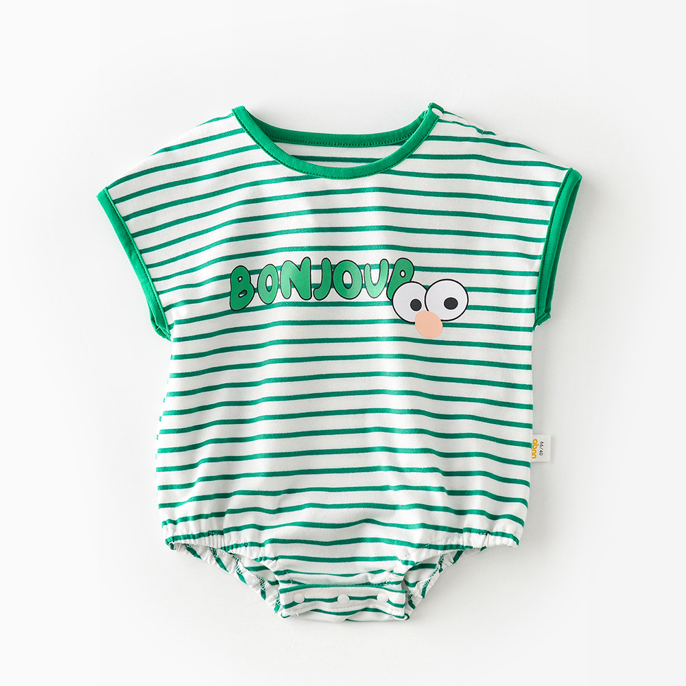 Baby Mode Brief Bodysuit Meisje Gestreepte Mouwloze Jumpsuit Baby Boy Cartoon Ogen Losse Katoenen Bodysuit Kid Outfits: green / 12M 80cm