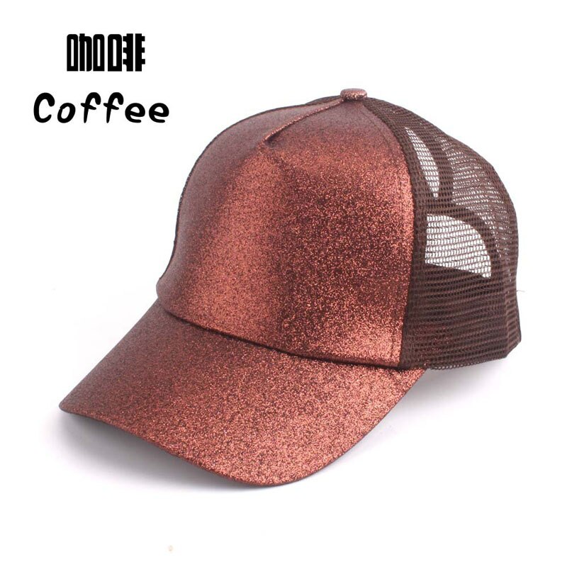 Summer Mesh Baseball Caps For Women Glitter Matte Ponytail Cap Shining Sequins Messy Bun Snapback Hip Hop Hat: coffee