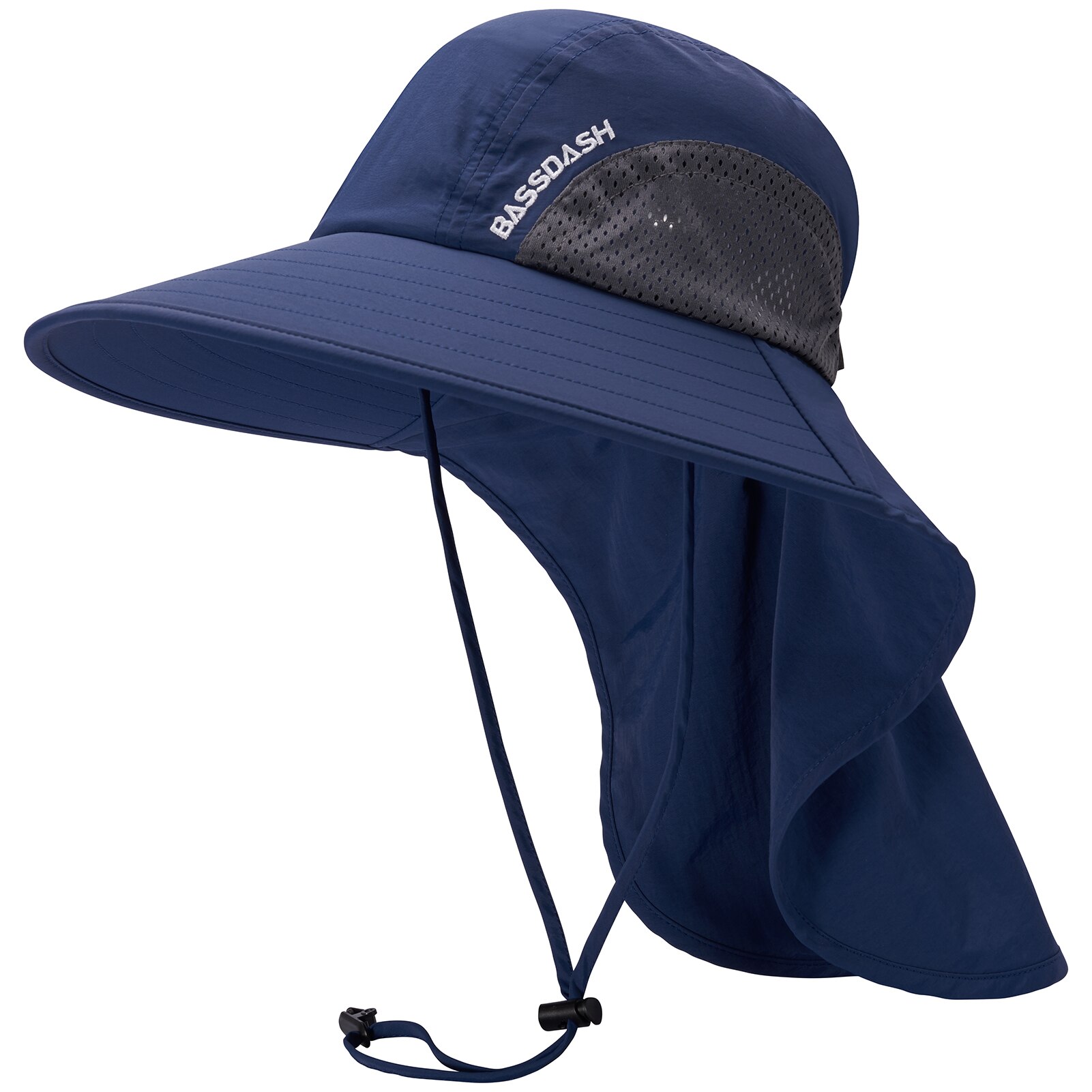 Bassdash UPF 50 + Unisex, sombrero de Sol de ala ancha resistente al agua con solapa de cuello grande, gorro de pesca con cola de caballo para hombres y mujeres: Dark Blue