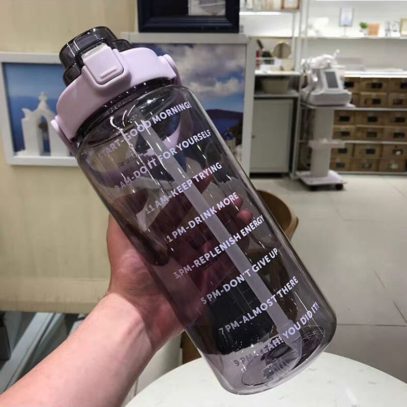 2L Large Capacity Water Bottle Straw Cup High Temperature Plastic Water Cup Time Scale Frosted Outdoor Sports Student Couple Cup: A-Transparent Purple