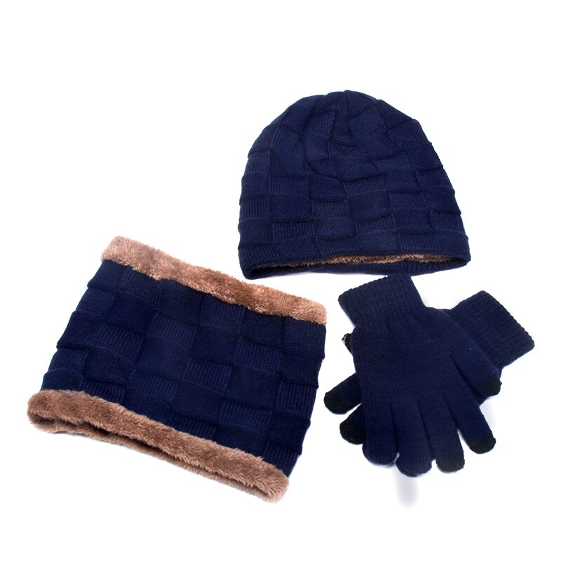 Unisex pipot hattu sormus huivi käsineet setti talvineulottu paksu lämmin lippalakki naiset miehet kiinteä retro pipo hattu pehmeä kosketusnäyttö käsineet: Navy 3 kpl setti