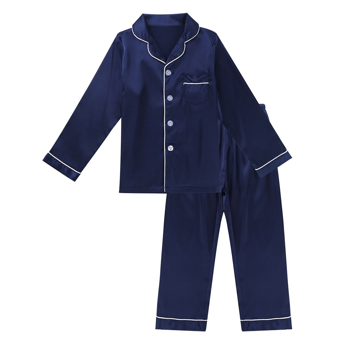 Iiniim unisex kinder jongens meisjes tweedelig klassiek zijden pyjama set knoopjes tops met lange mouwen met broek set nachtkleding loungewear: Marineblauw / 120